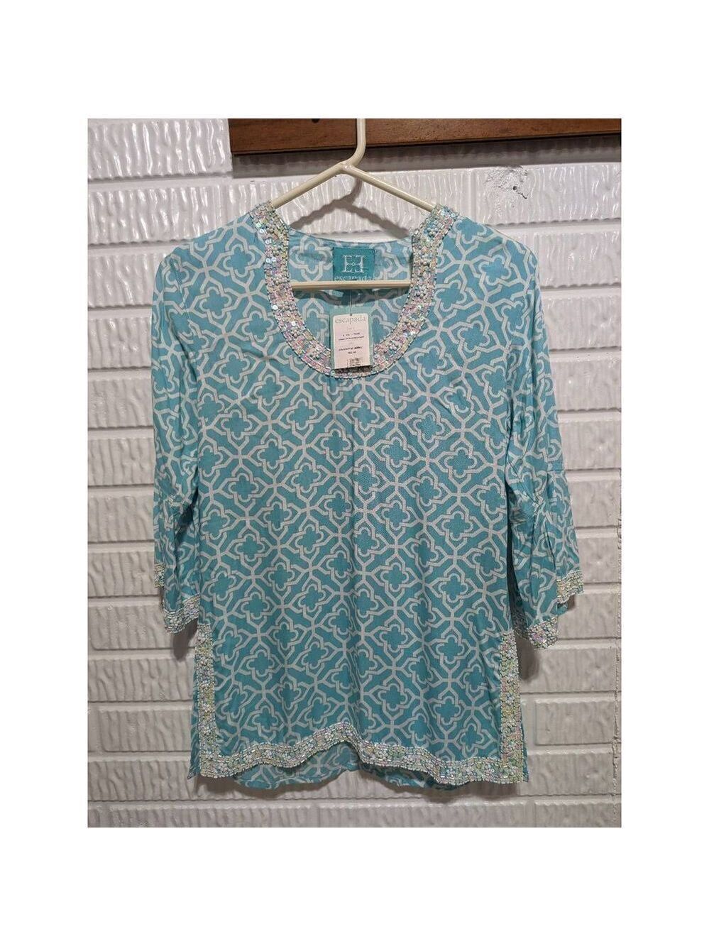 Escapada Size XS Aqua And White Sequin Trimmed Top